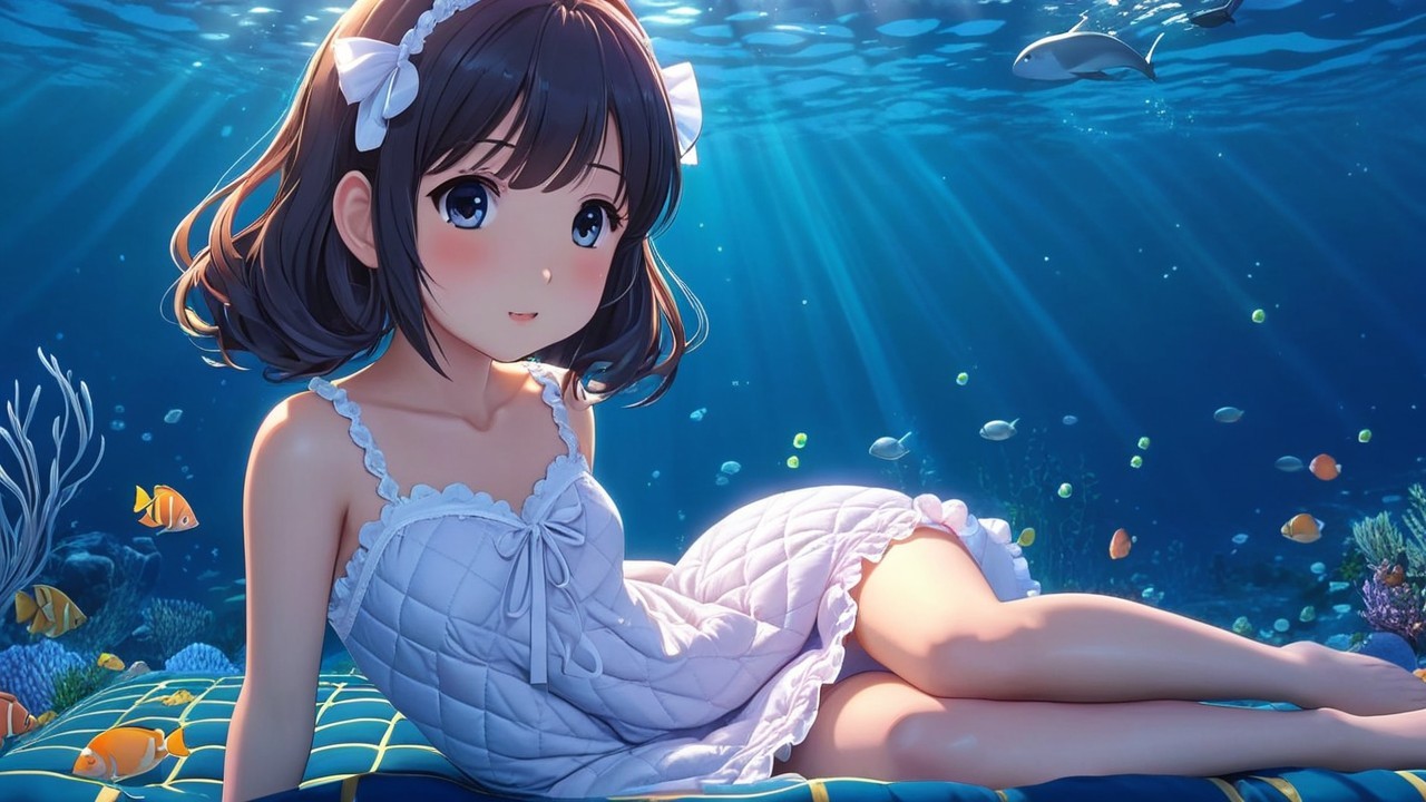 Underwater Scene with Girl in White Dress and Fish