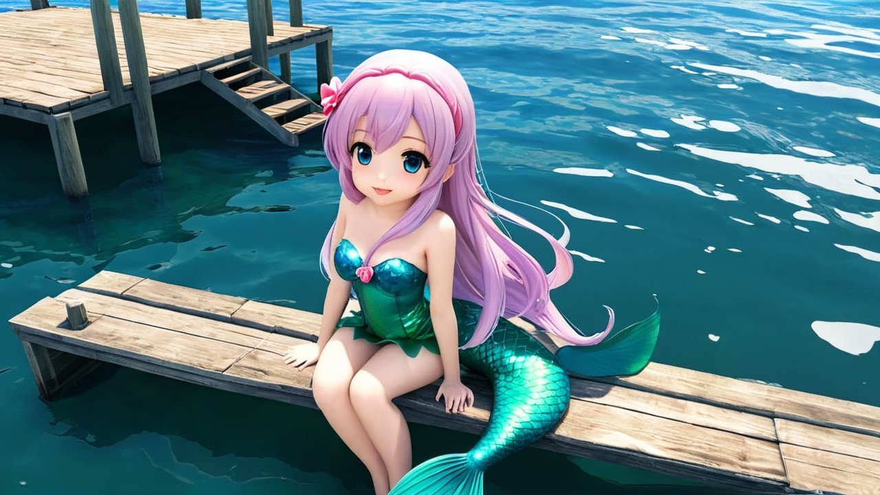 Animated mermaid with pastel pink hair on dock
