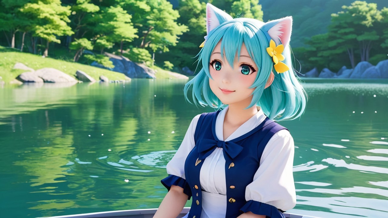 Girl with Blue Hair in Boat on Tranquil Lake