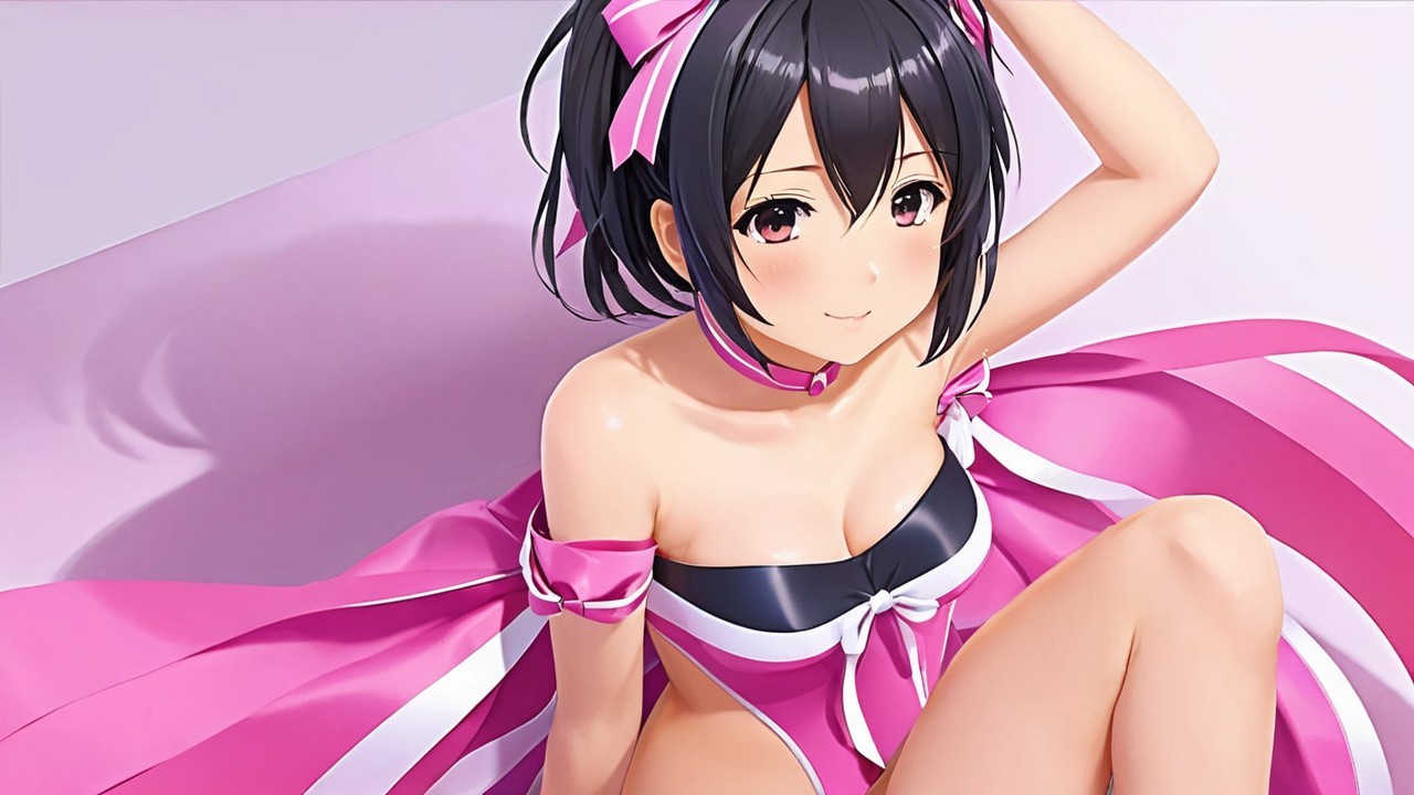 Girl with Black Bob and Pink Bow in Playful Pose