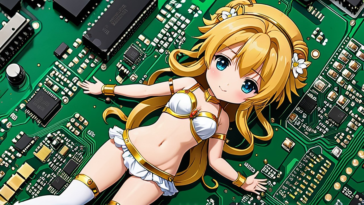 Anime character on a green circuit board backdrop