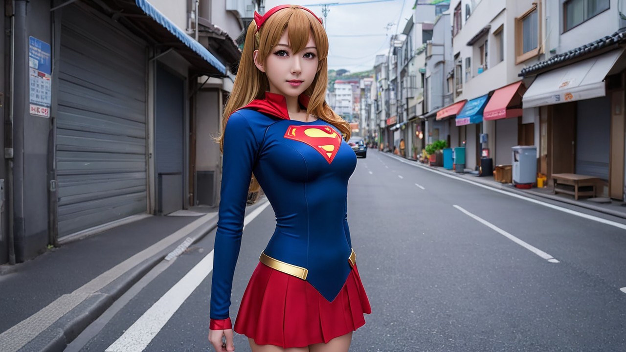 Young Woman in Superhero Costume on City Street