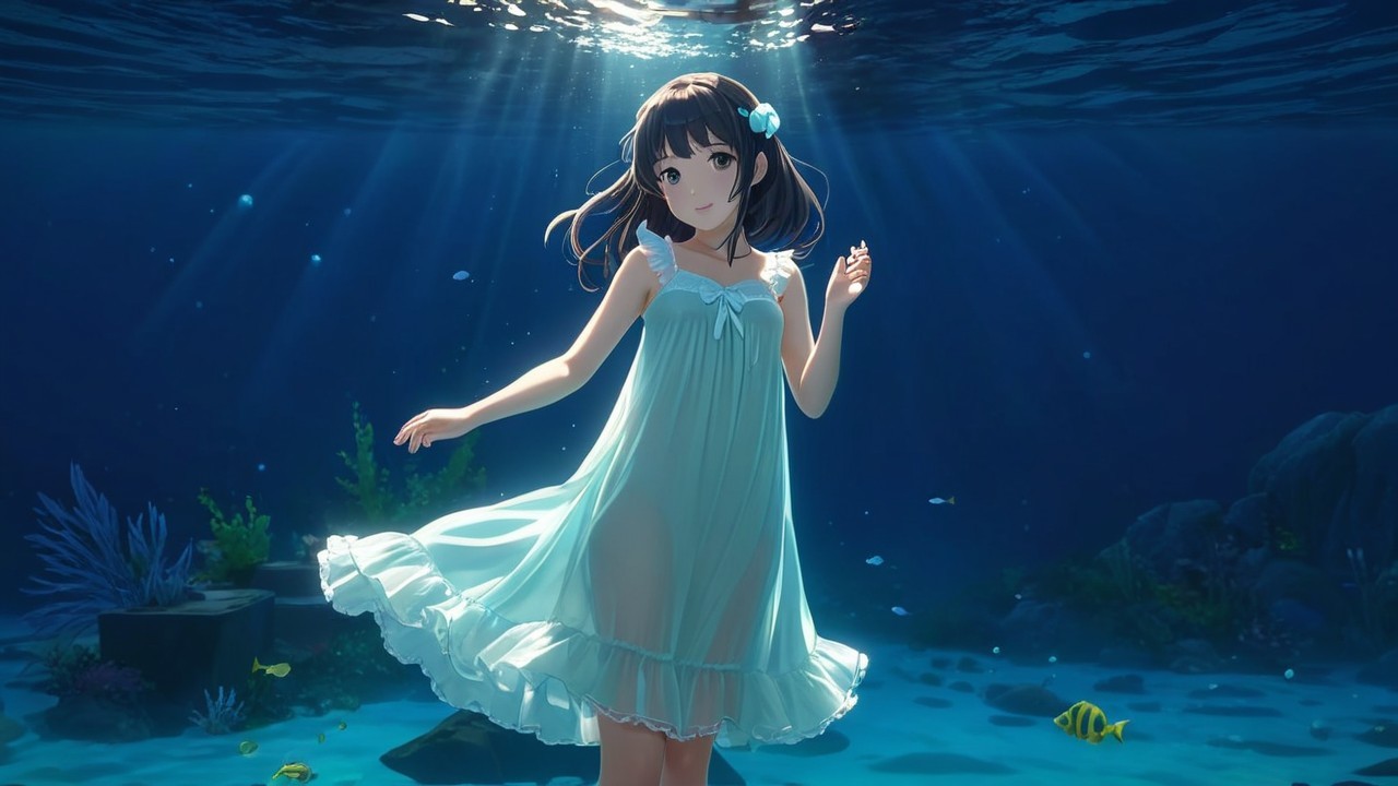 Underwater Scene of a Dancing Figure in Blue Dress