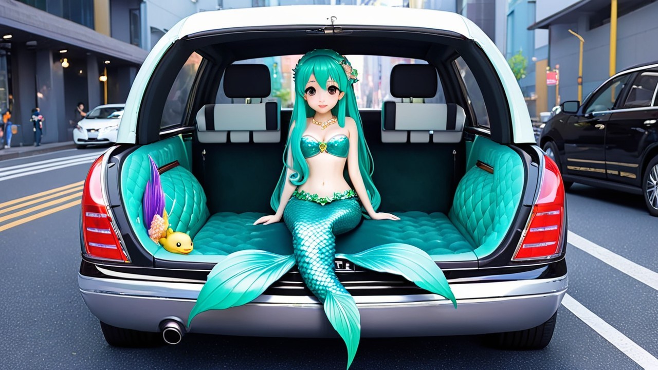 Mermaid in Luxurious Car Trunk with Urban Backdrop