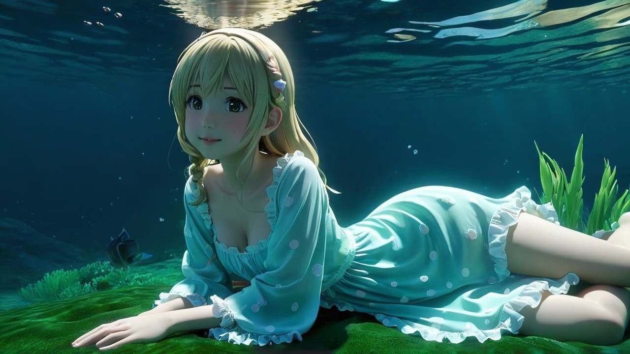 Underwater Scene of a Girl in a Blue Dress