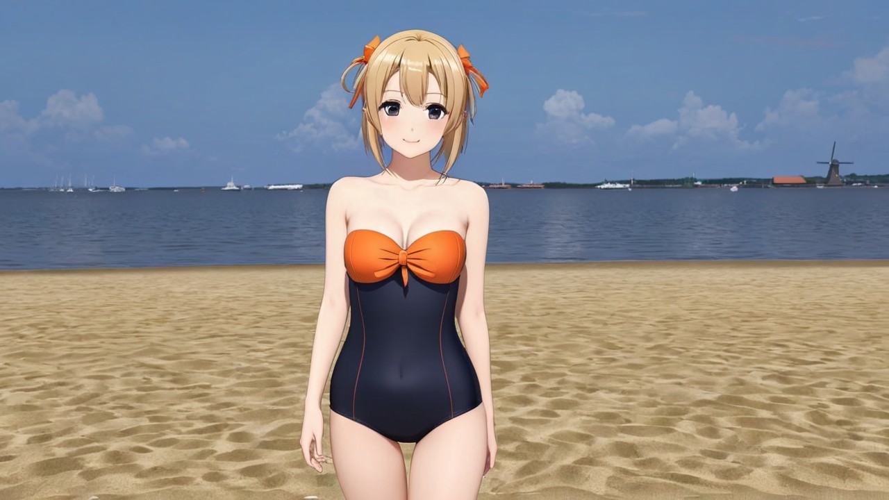 Young anime character in a black swimsuit on beach