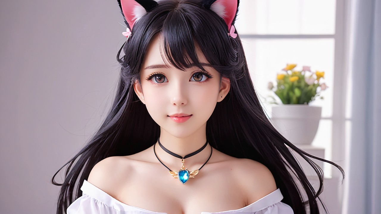 Young woman with cat ears in a bright room setting