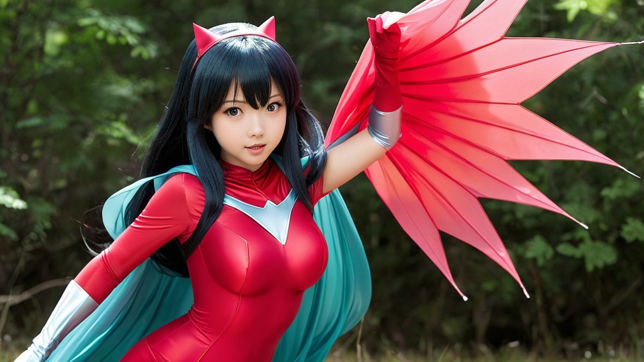 Young Woman in Vibrant Superhero Costume with Wings