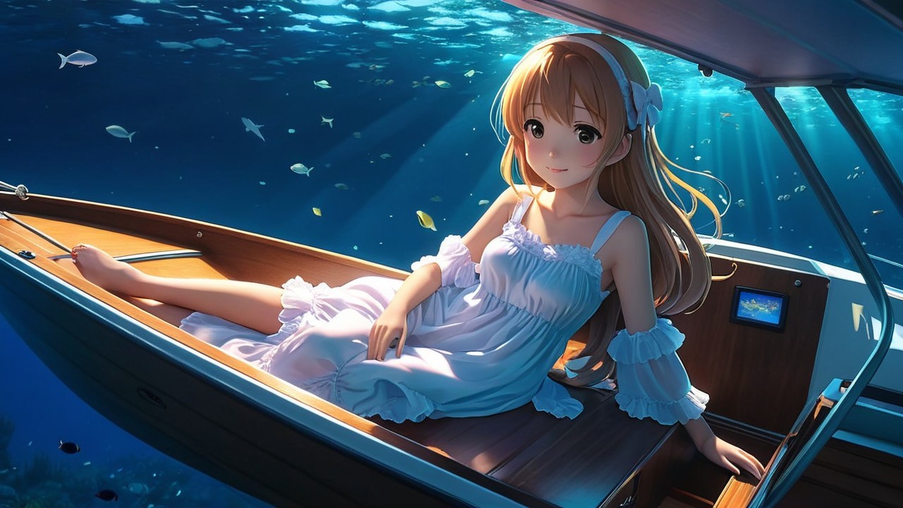 Underwater Scene with Girl on Boat Surrounded by Marine Life