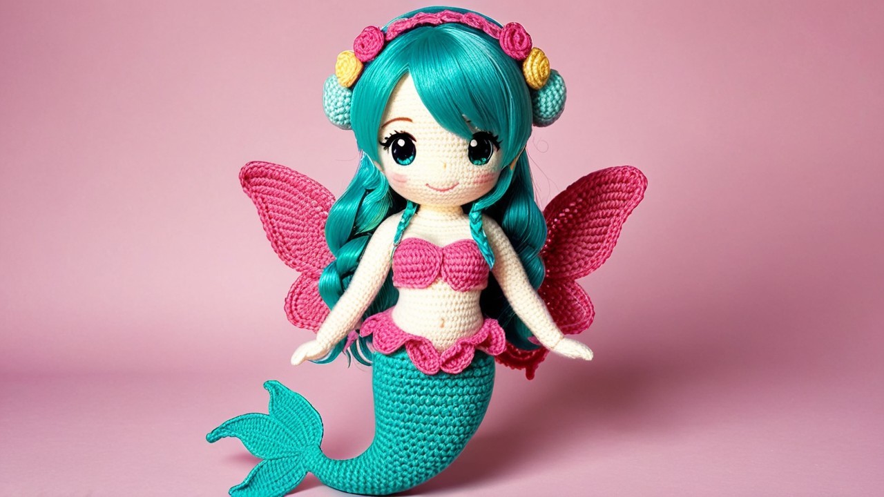 Crocheted Mermaid Doll with Pink Tail and Wings