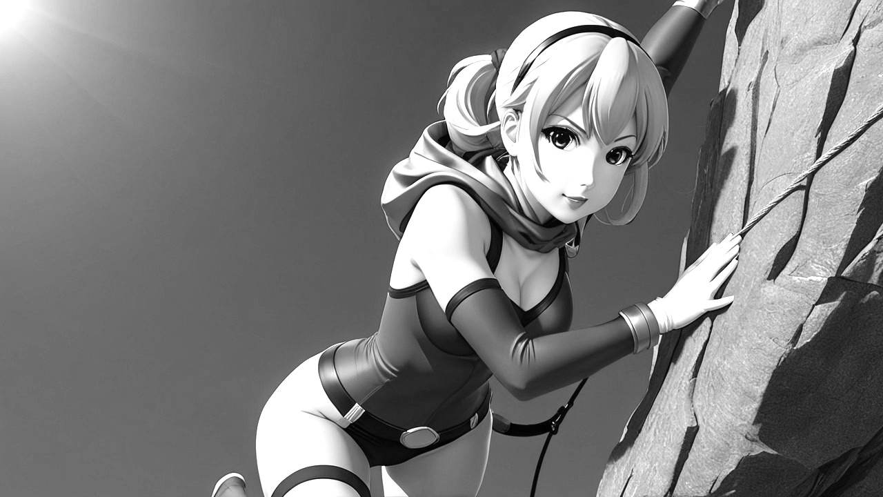 Black-and-white anime character climbing a rocky wall