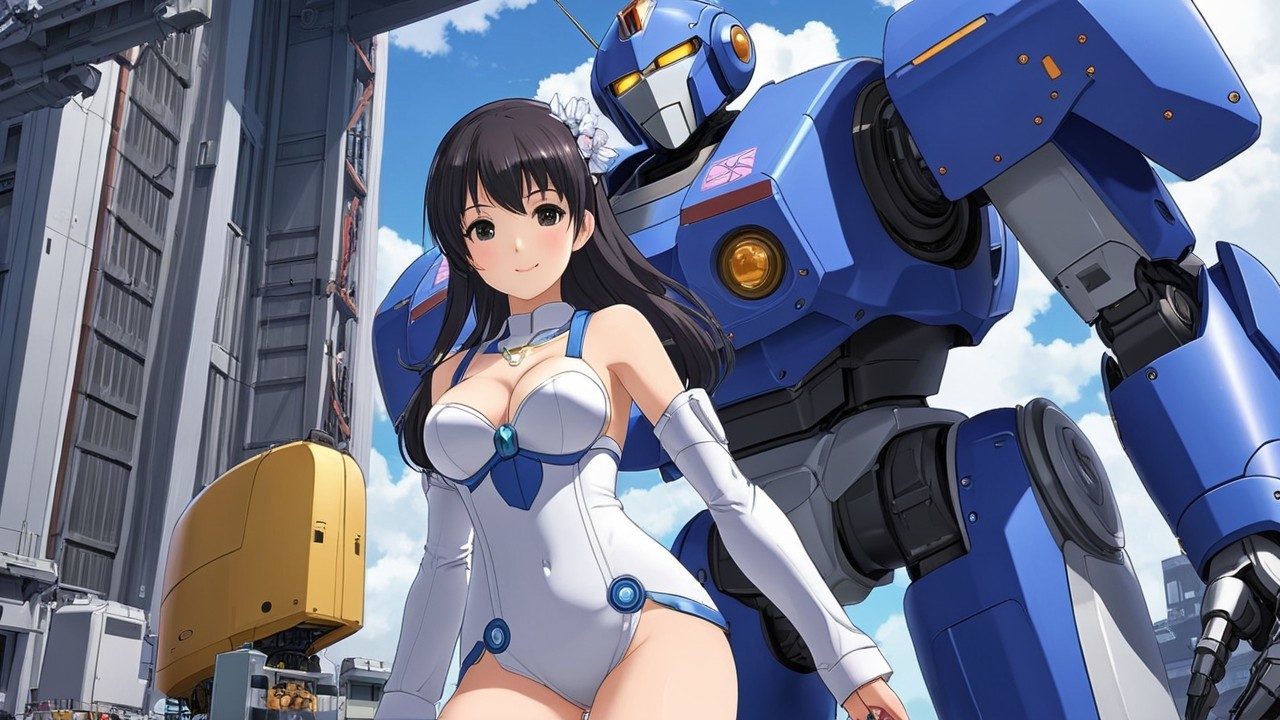 Futuristic Scene with Woman and Blue Robot in Sky