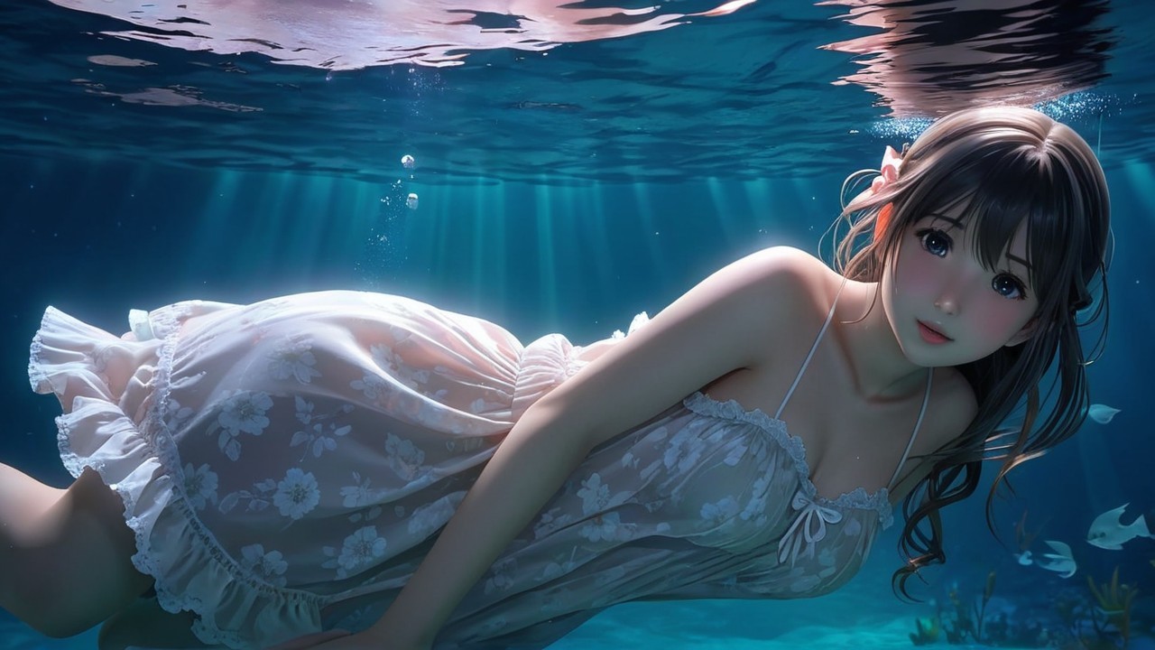 Underwater Scene with Woman in Floral White Dress