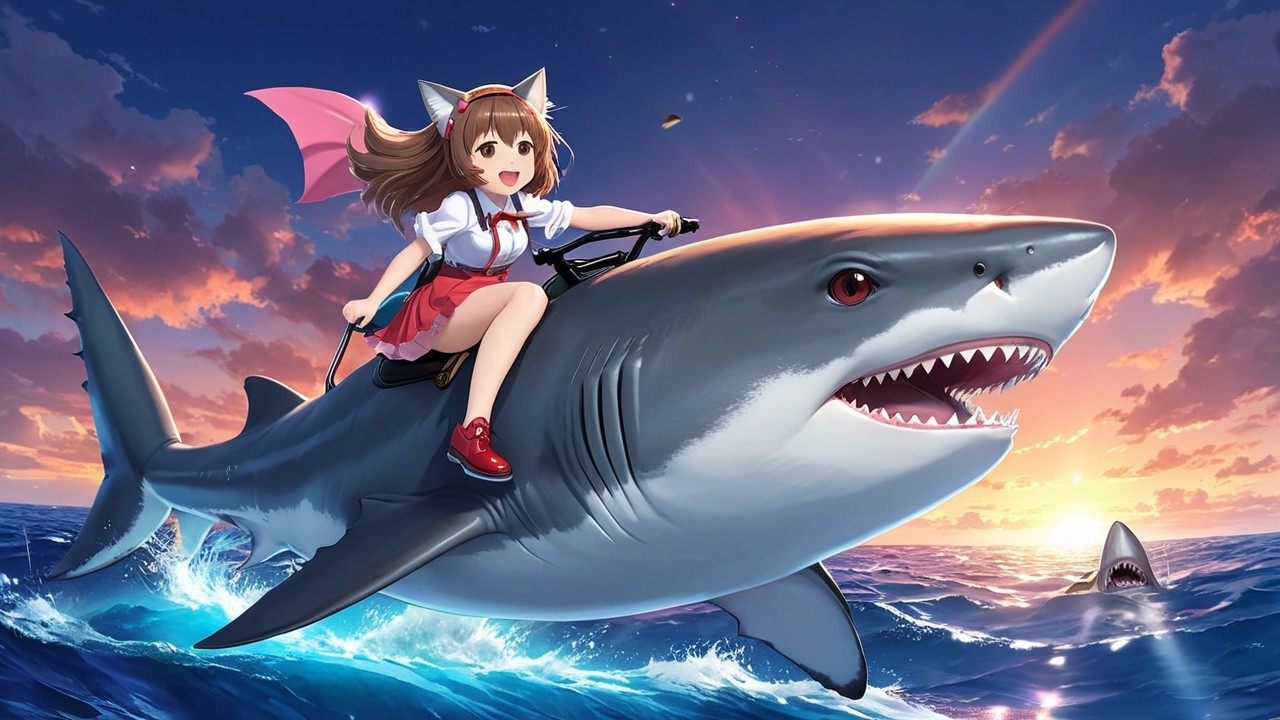 Young girl with cat ears riding a friendly shark at sunset