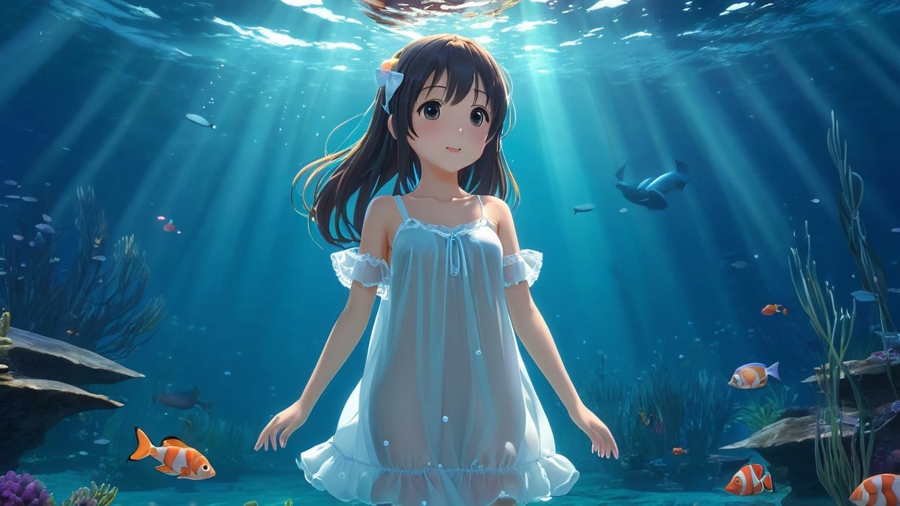 Underwater Scene with Girl Among Coral Reefs