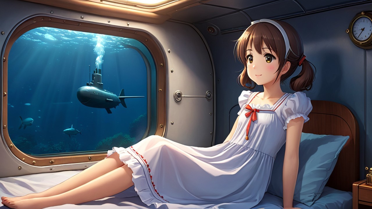 Cozy Submarine Cabin with Girl and Underwater Scene