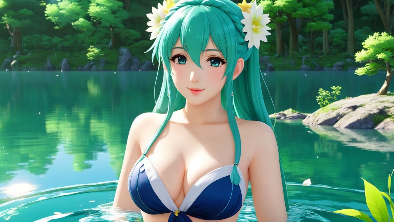 Vibrant Fantasy Scene of a Woman in a Turquoise Lake