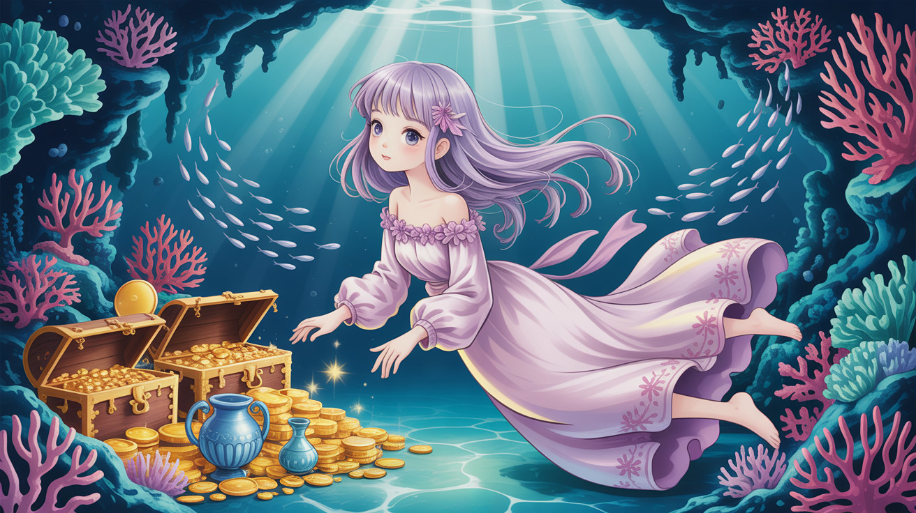 Anime girl swimming towards treasure in vibrant underwater scene