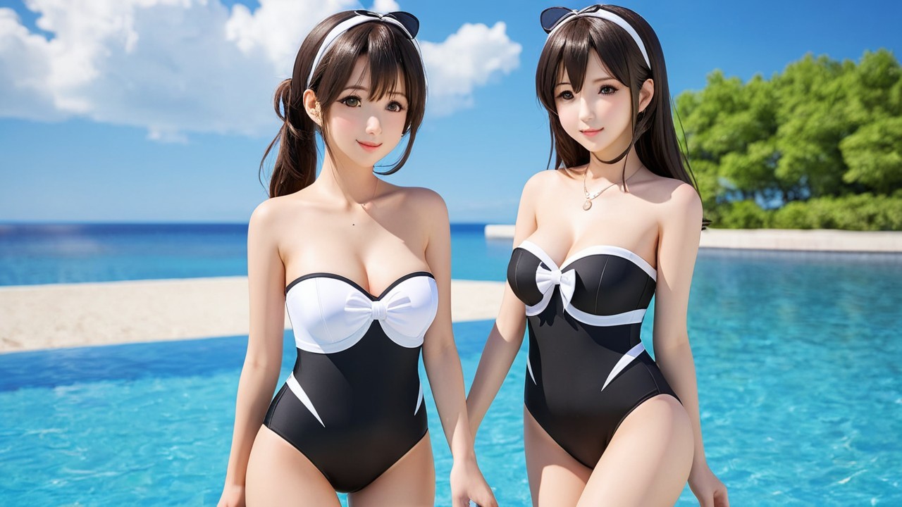 Young women by a blue pool in stylish swimsuits
