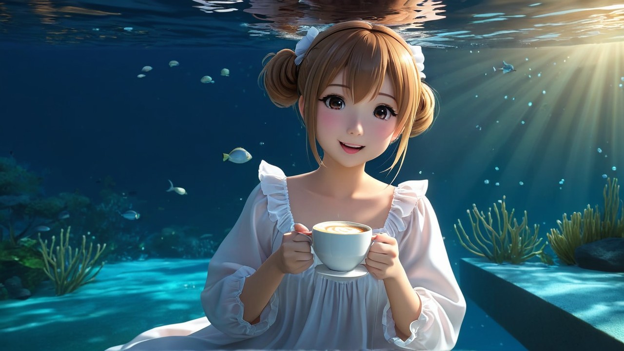 Young girl underwater with coffee in serene setting