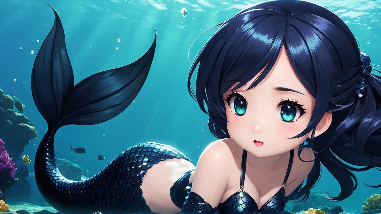 Anime-style mermaid with dark hair and teal eyes