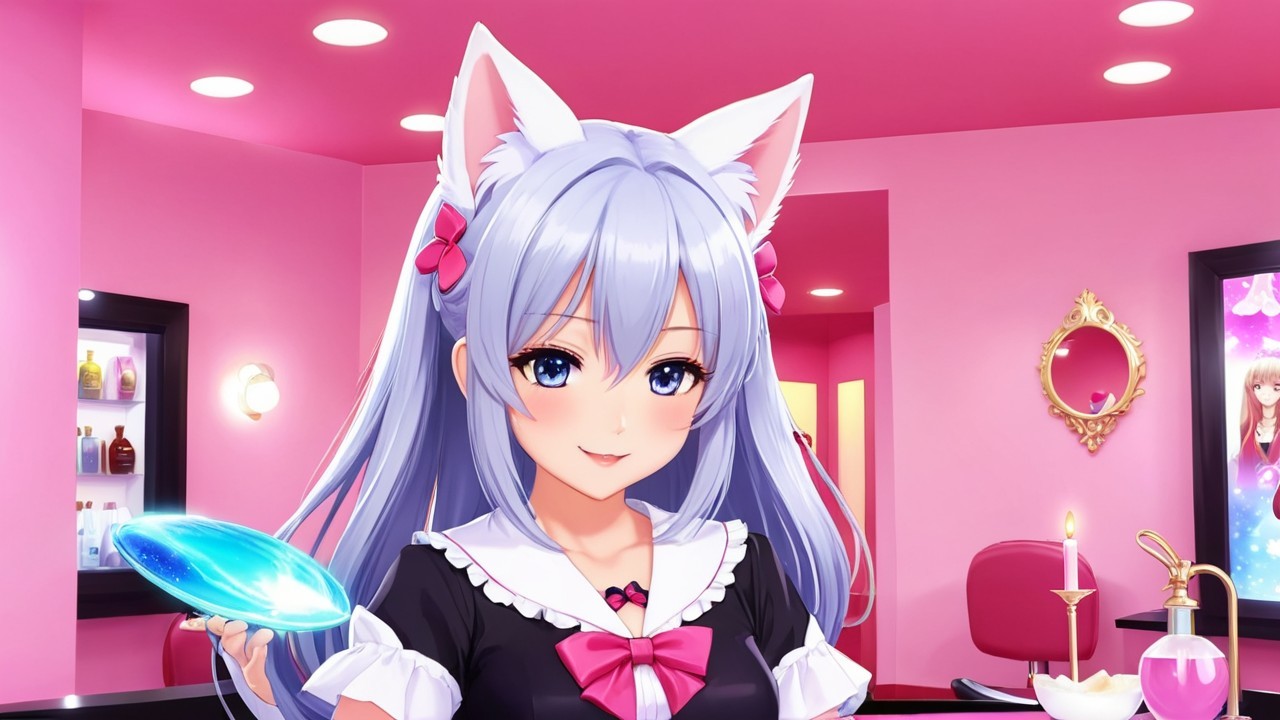 Young girl with blue hair in a pink room setting