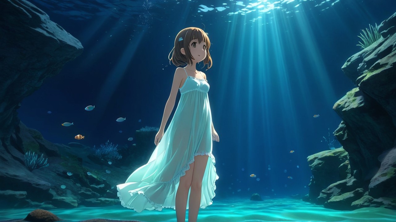 Underwater Scene with Girl in Light Blue Dress