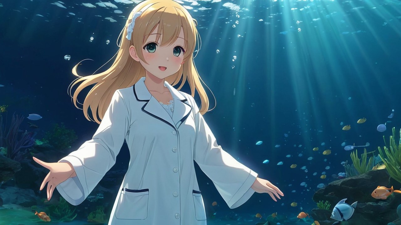 Young woman in lab coat underwater with fish and coral