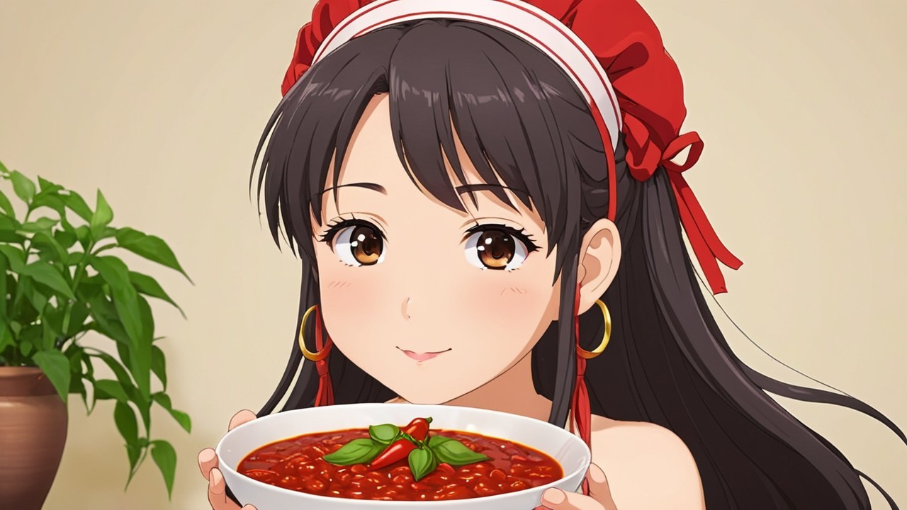 Cheerful anime girl with chili con carne and plant