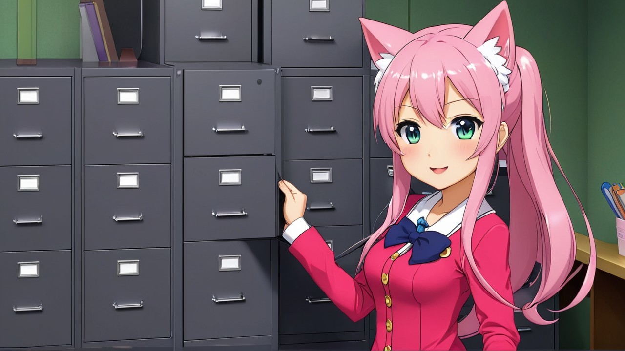 Cheerful anime girl with pink hair in classroom setting