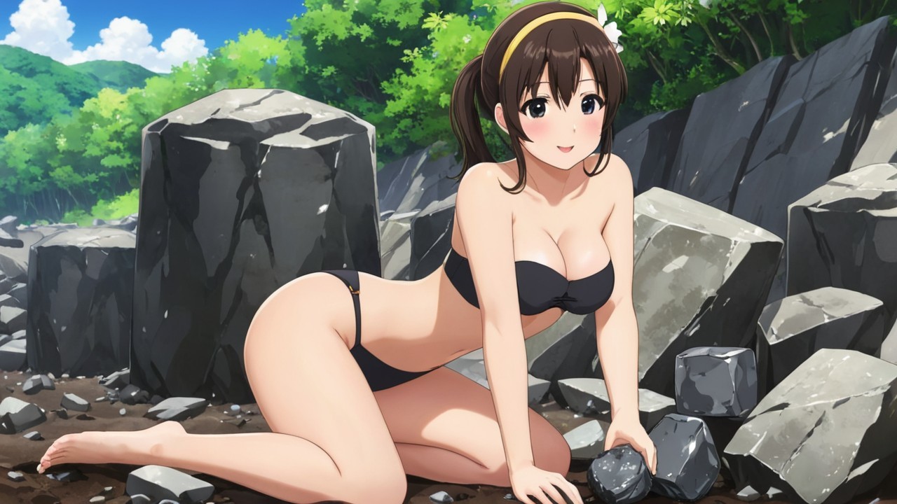 Young Woman in Black Bikini on Rocky Shoreline
