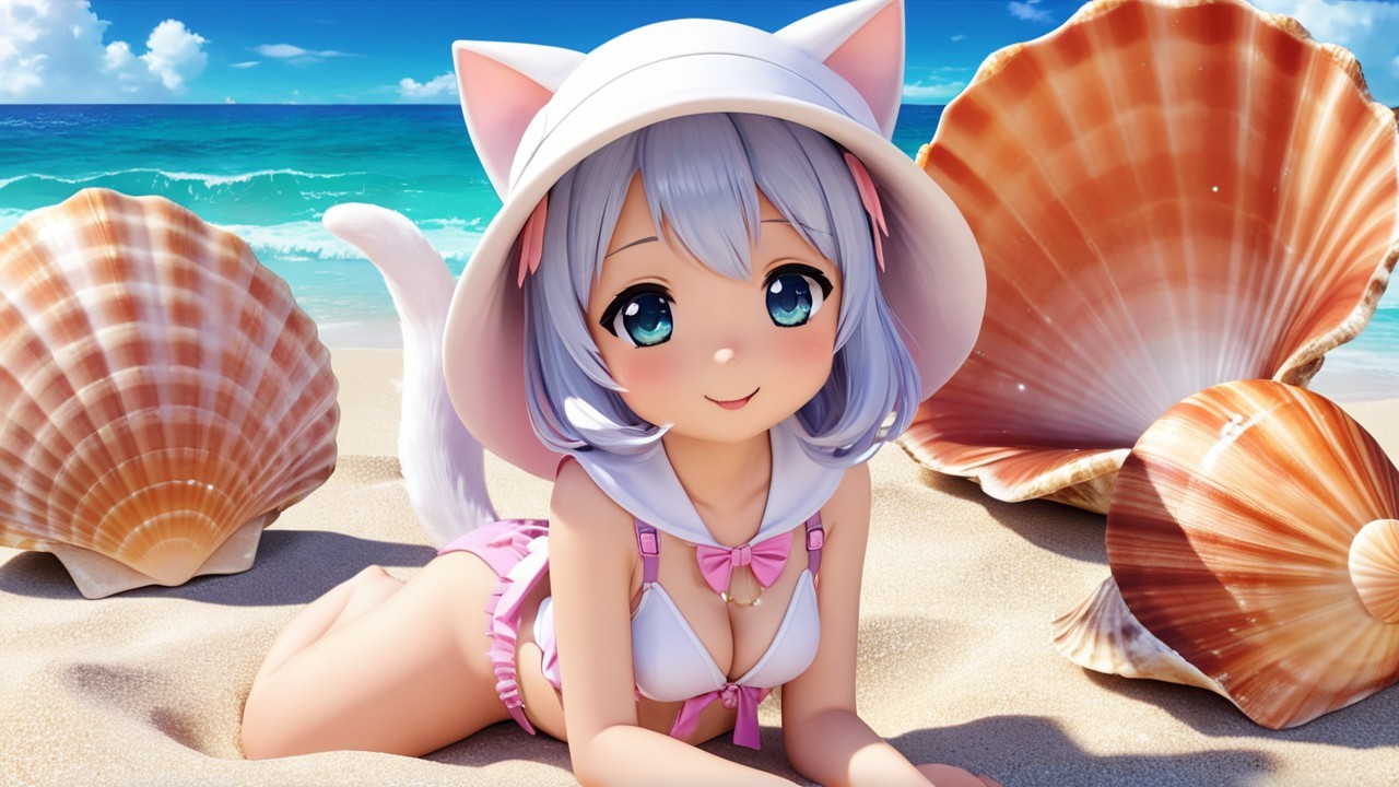 Cute anime character with cat ears at the beach