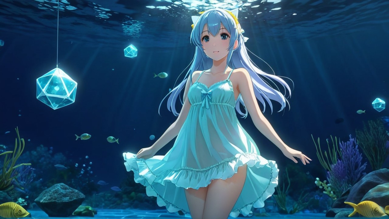 Underwater Scene with Girl and Colorful Marine Life