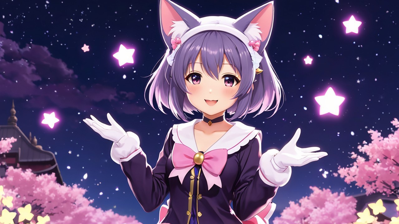 Cheerful anime character under a starry night sky