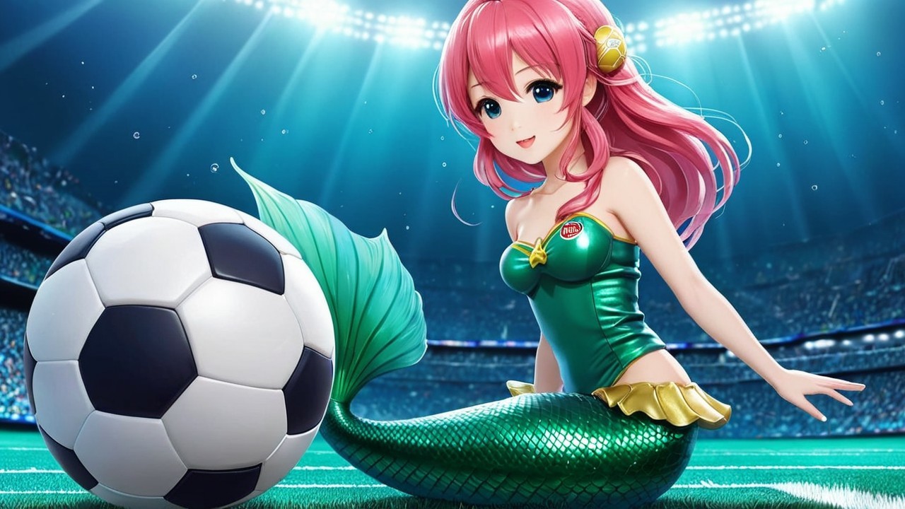 Mermaid Illustration on Soccer Field with Crowd