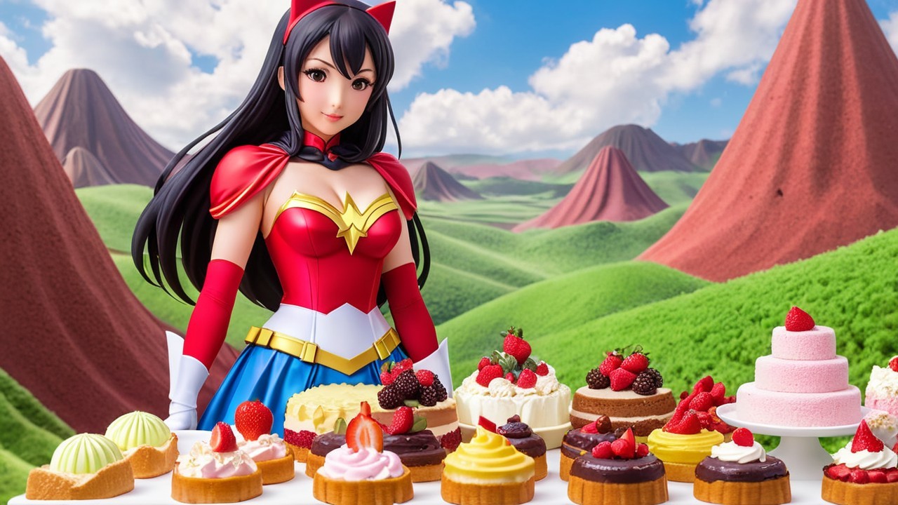 Superheroine in Colorful Costume Surrounded by Desserts