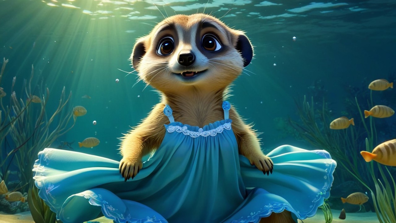 Playful meerkat in blue dress underwater with fish