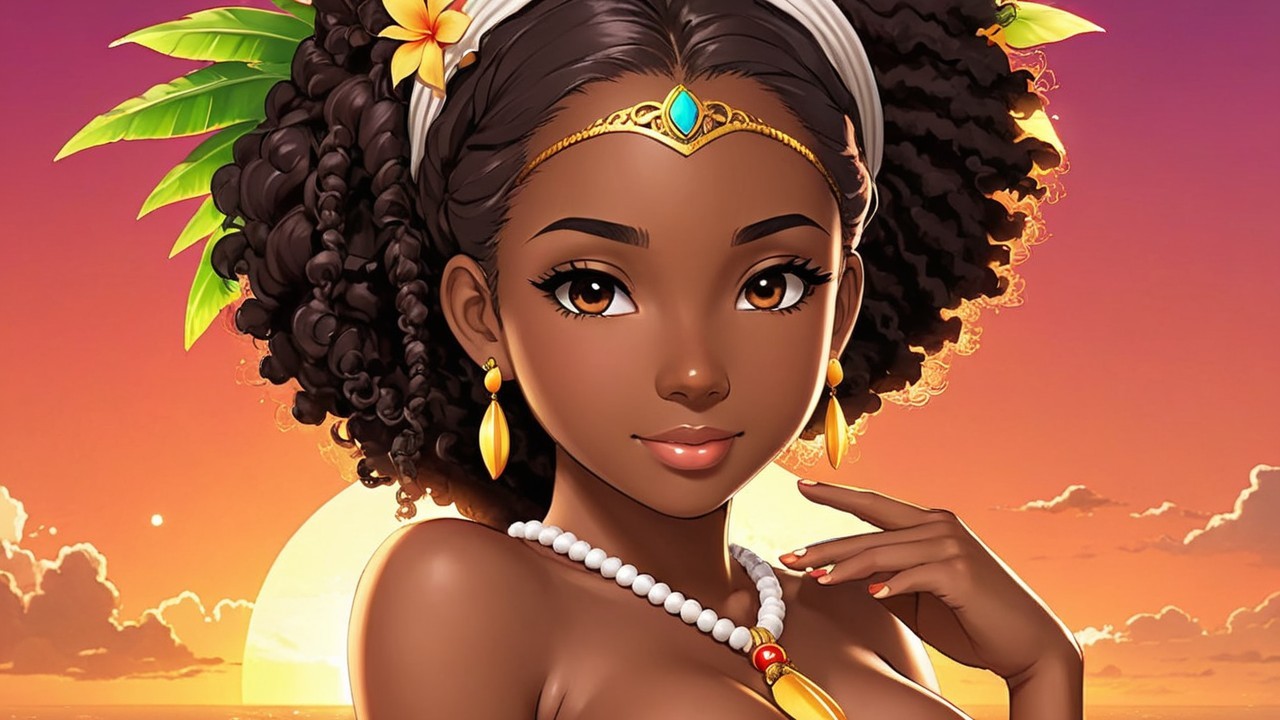 Young woman with curly hair and sunset backdrop