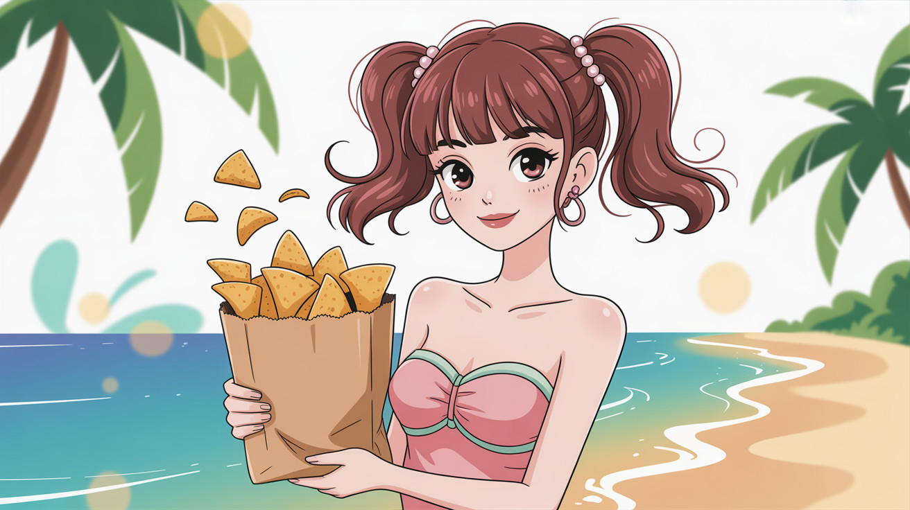 Anime-style digital painting of a young woman at the beach