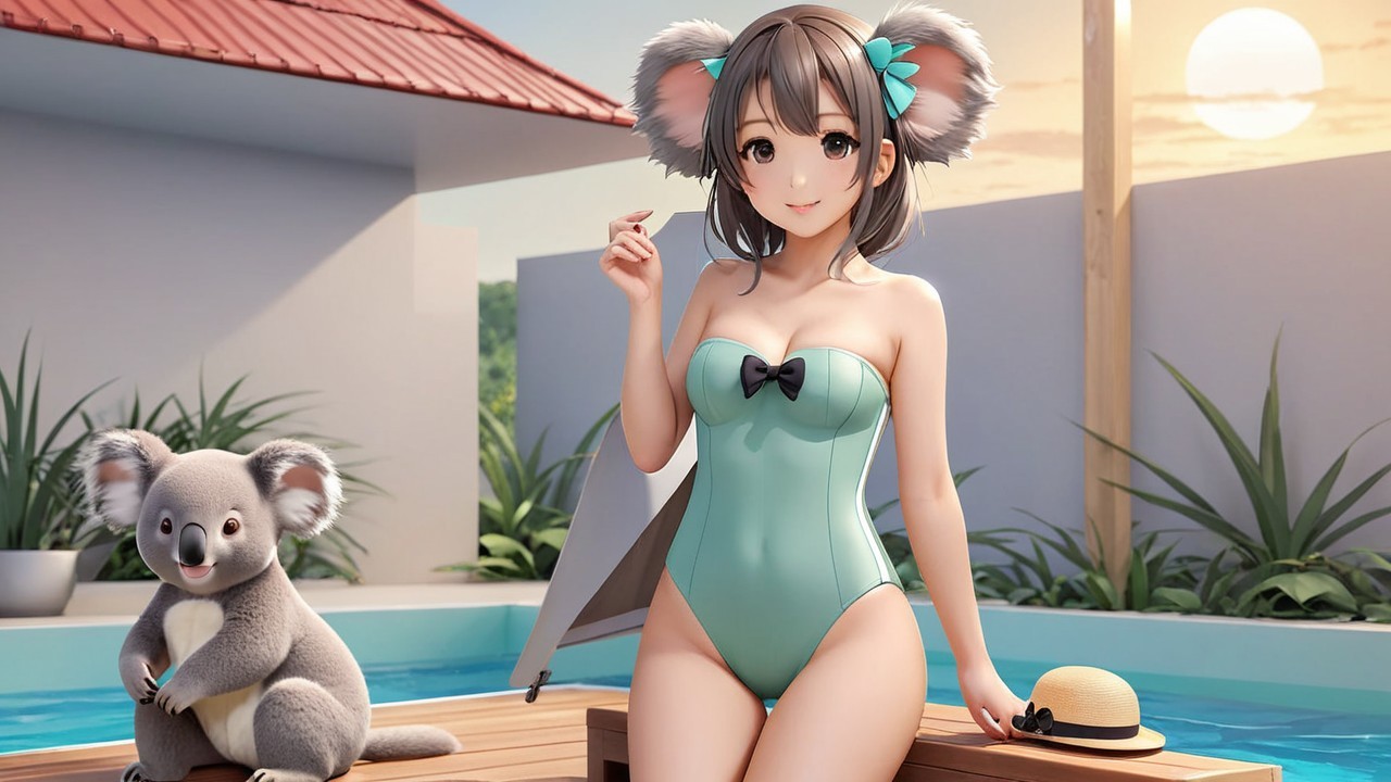 Cheerful Woman in Mint Green Swimsuit by Pool