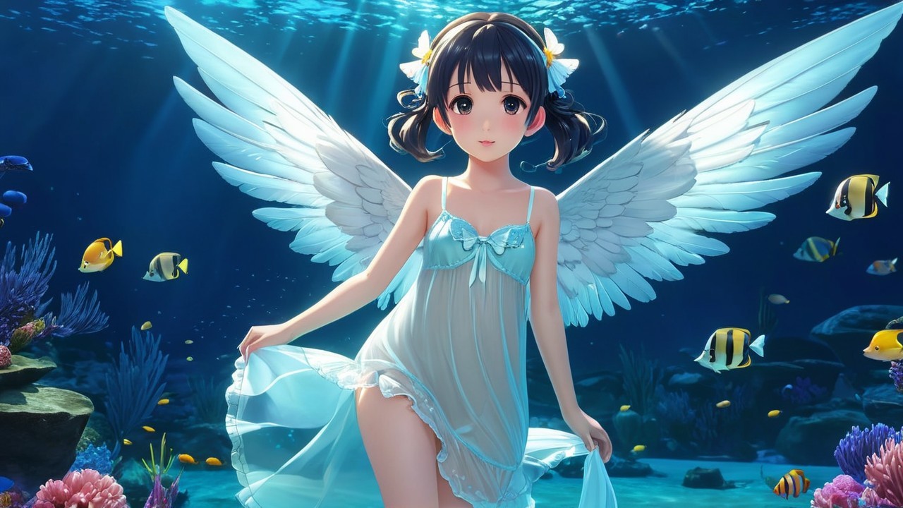 Magical Underwater Scene with Angel Wings and Coral