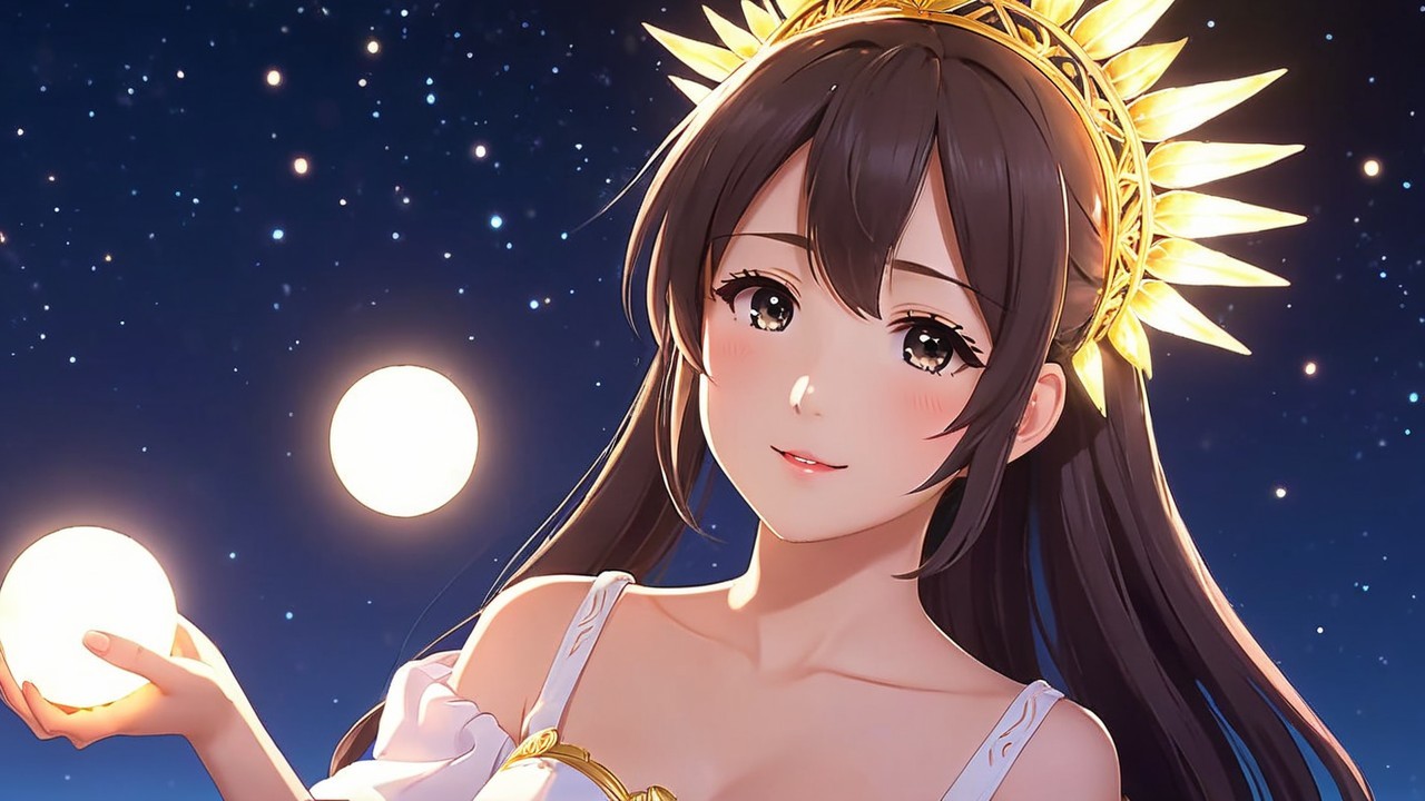 Anime Character with Glowing Orbs Under Starry Sky