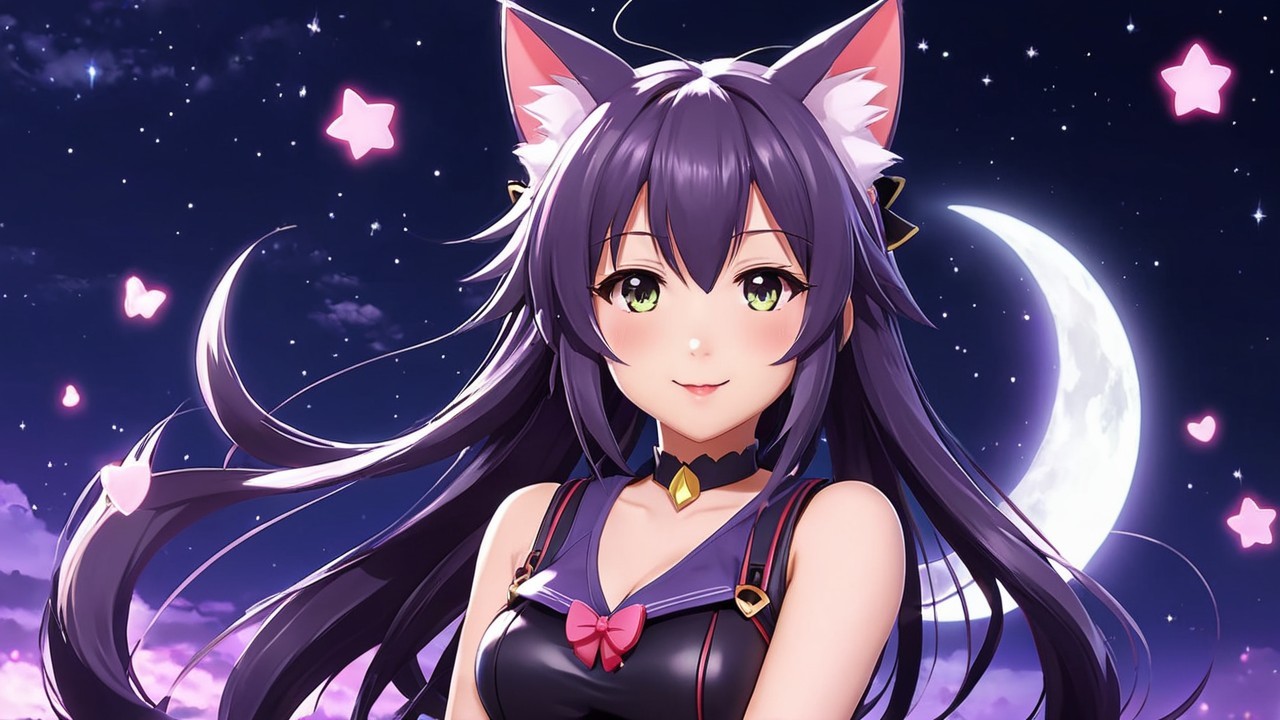 Character with Dark Purple Hair and Cat Ears at Night
