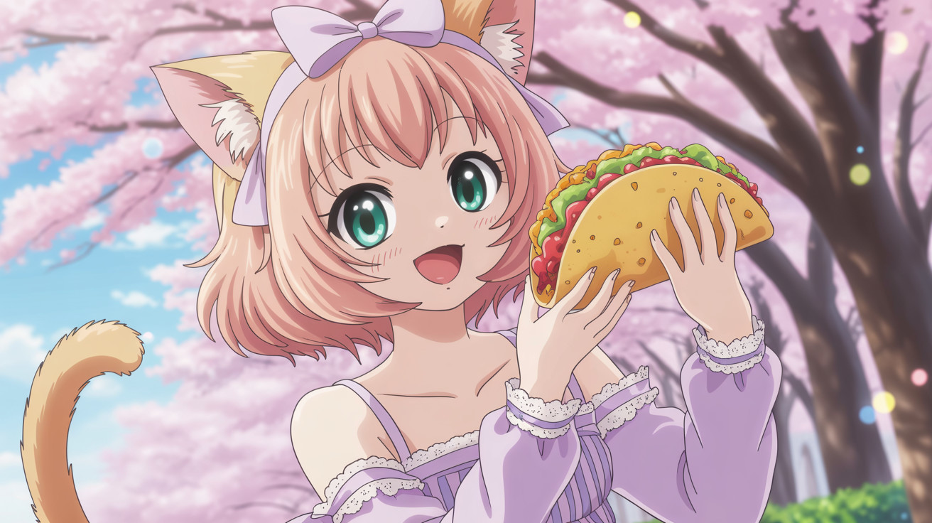 Anime Cat Girl with Pink Hair and Cherry Blossoms