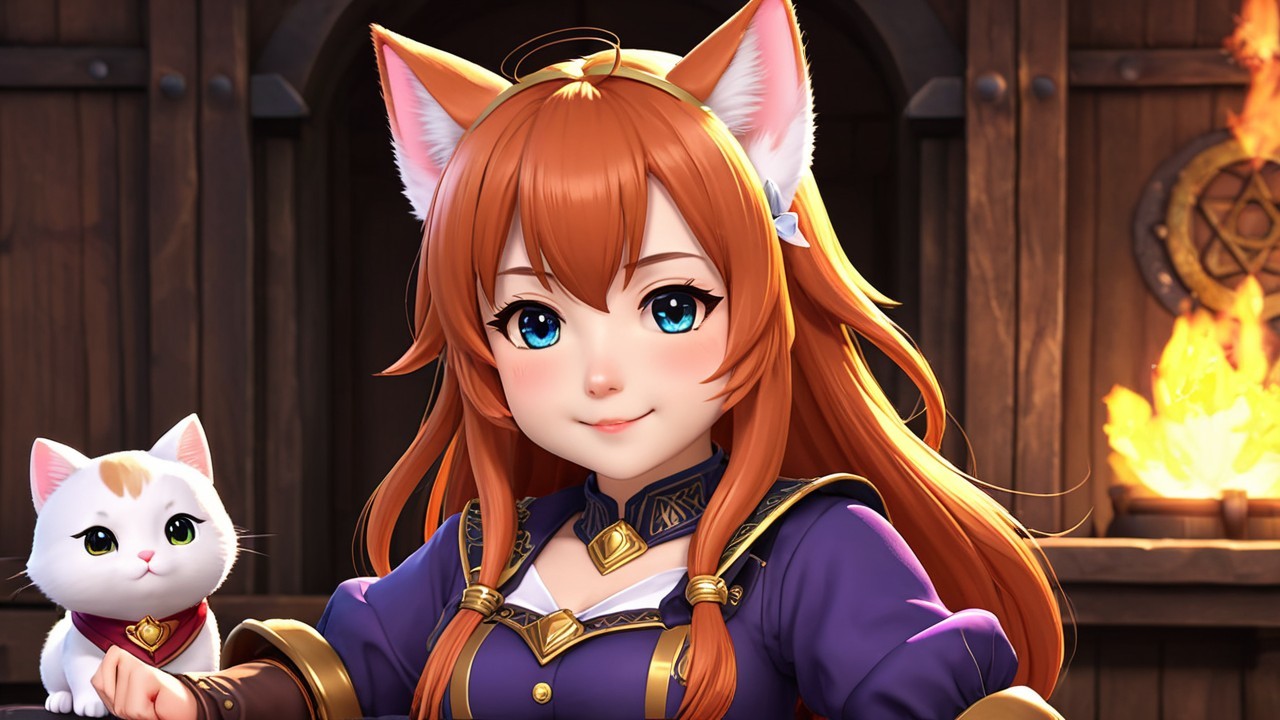 Cheerful Young Woman with Cat Ears in Medieval Setting