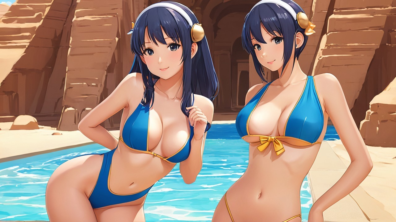 Animated Young Women by Sparkling Blue Pool