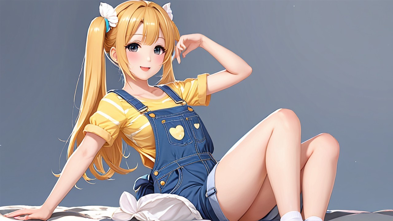 Cheerful Girl in Twin Ponytails on Bed with Overalls