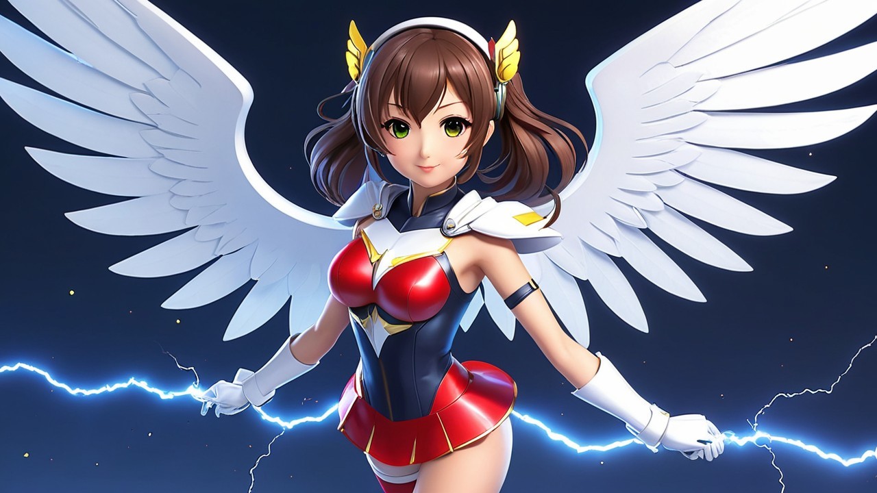 Confident Female Character with White Wings and Lightning