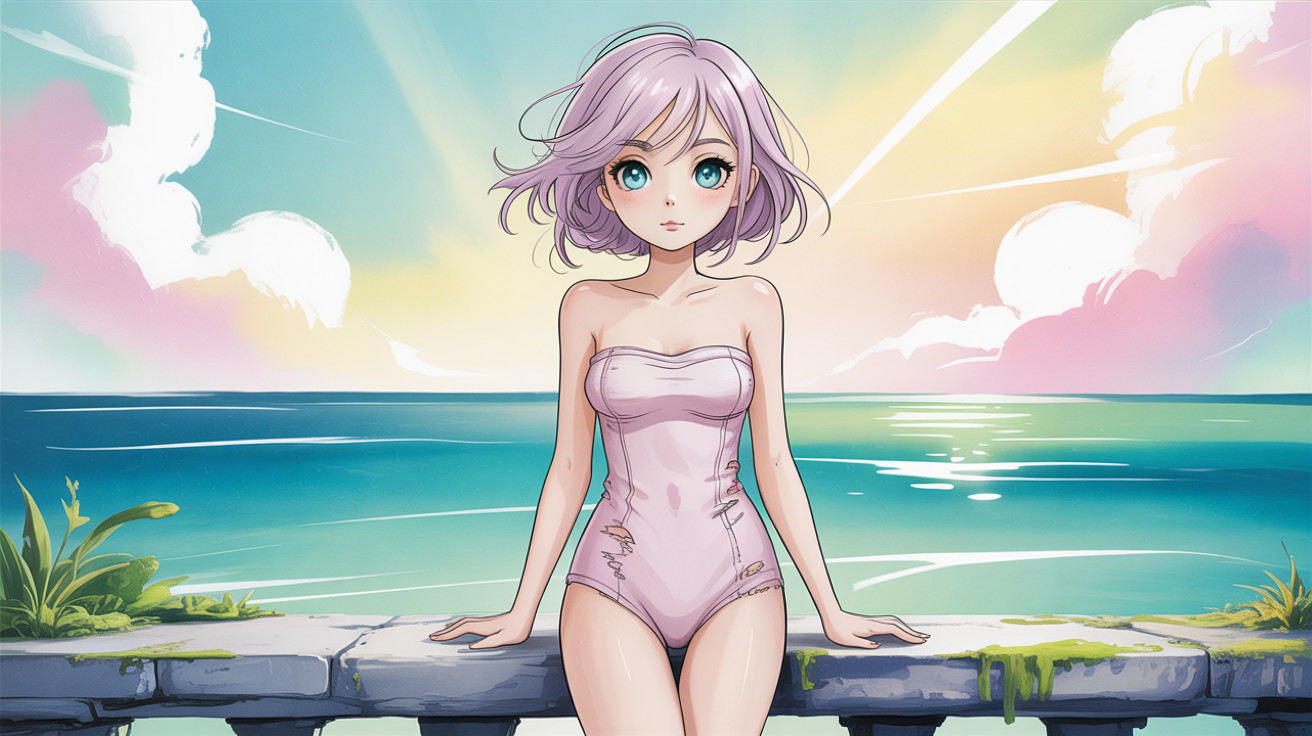 Anime girl in light pink swimsuit by the ocean