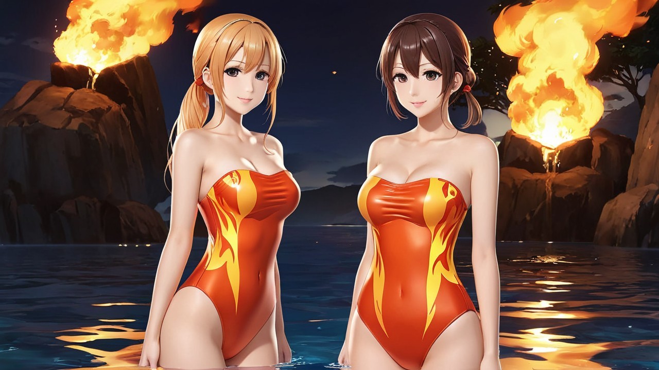 Women in Orange Swimsuits by Fiery Water Setting